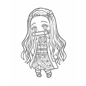 Nezuko de pé com a mordaça de bambu para colorir