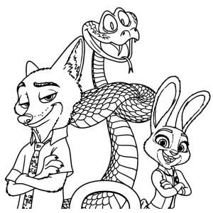 Nick Wilde, Judy Hopps e a cobra Gary de Zootopia 2 para colorir