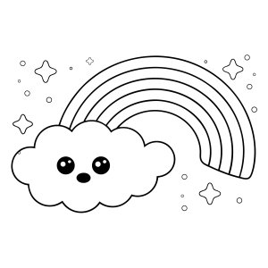 Nuvem sorridente com arco-íris e estrelas para colorir