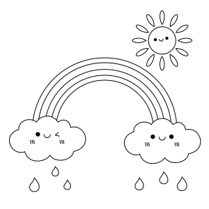Nuvenzinhas chovendo sob o sol e o arco-íris para colorir