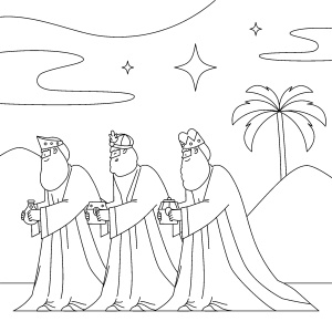 Os Três Reis Magos no deserto para colorir