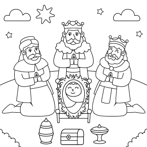 Os Três Reis Magos visitando o menino Jesus para colorir