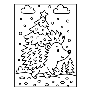 Ouriço ao lado da árvore de Natal para colorir