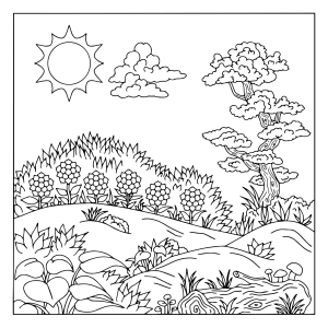 Paisagem de campo com sol, árvores e flores para colorir