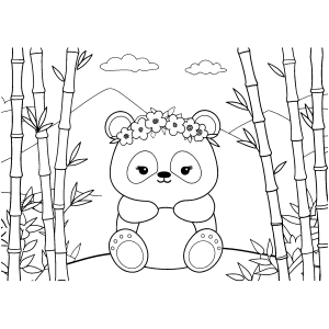 Panda com coroa de flores na floresta de bambu para colorir