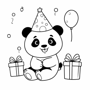 Panda de chapéu de festa com presentes e balão para colorir