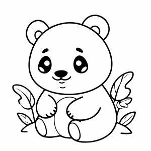 Panda fofo sentado entre folhas para colorir