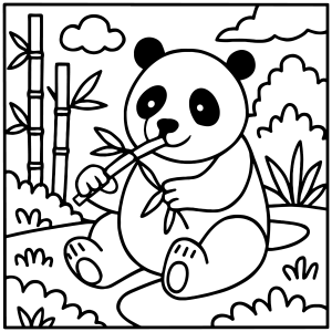 Panda mastigando bambu em moldura de folhas para colorir