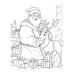 Papai Noel abraçando a rena perto da lareira para colorir