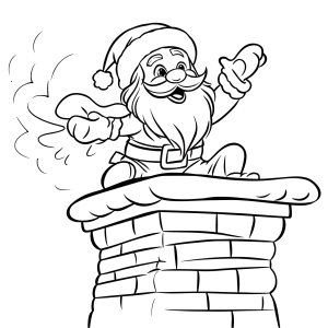 Papai Noel acenando de cima da chaminé para colorir