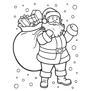 Papai Noel andando na neve com os presentes para colorir