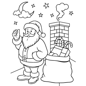 Papai Noel ao lado da chaminé com presentes para colorir