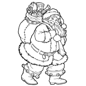 Papai Noel carregando o saco de presentes no ombro para colorir