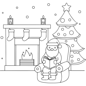 Papai Noel chegando na sala com lareira e árvore para colorir