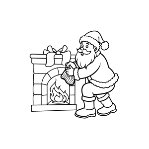 Papai Noel colocando presente na meia da lareira para colorir