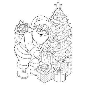 Papai Noel colocando presentes embaixo da árvore para colorir