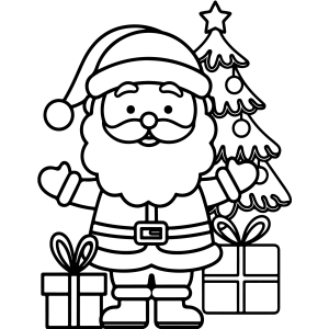 Papai Noel com a árvore e os presentes para colorir