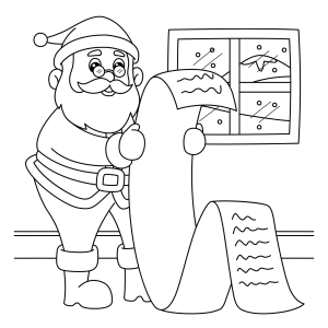 Papai Noel com a lista enorme na frente da janela para colorir