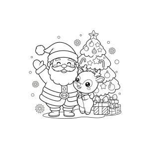 Papai Noel com a rena ao lado da árvore para colorir