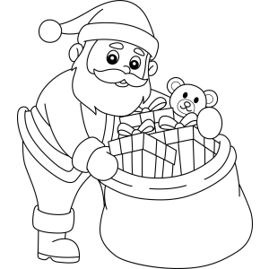 Papai Noel com o saco cheio de brinquedos para colorir