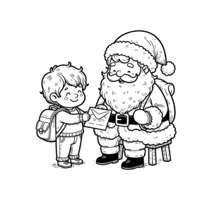 Papai Noel dando um presente para o menino para colorir