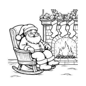 Papai Noel descansando na poltrona junto à lareira para colorir