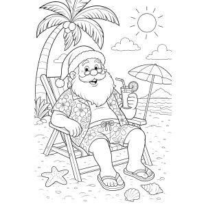 Papai Noel descansando na praia para colorir