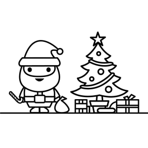 Papai Noel e a árvore de Natal enfeitada para colorir