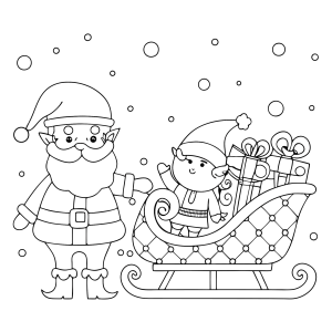 Papai Noel e duende carregando o trenó de presentes para colorir