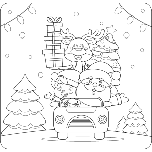 Papai Noel e duende no carro cheio de presentes para colorir