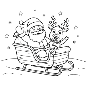 Papai Noel e rena dentro do trenó para colorir