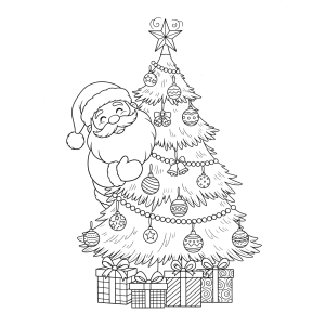 Papai Noel enfeitando a árvore de Natal para colorir