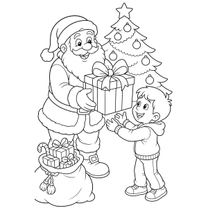 Papai Noel entregando presente para a criança para colorir