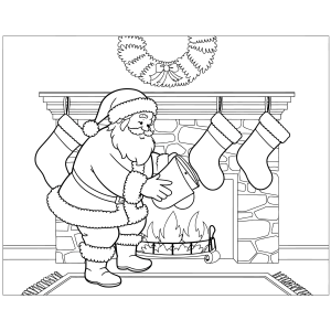 Papai Noel entregando presentes junto à lareira para colorir