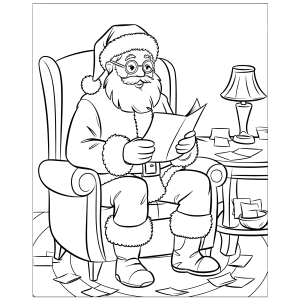 Papai Noel escrevendo respostas na poltrona para colorir