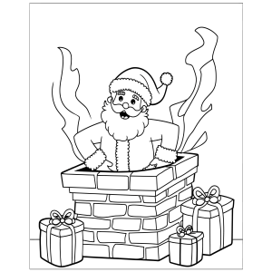 Papai Noel espiando de dentro da chaminé para colorir