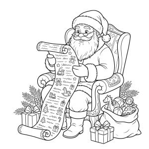 Papai Noel lendo a lista com sacos de presentes para colorir