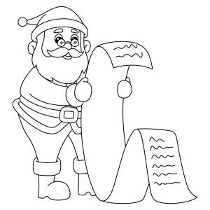 Papai Noel lendo a lista de pedidos comprida para colorir