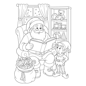 Papai Noel lendo a lista de presentes para colorir