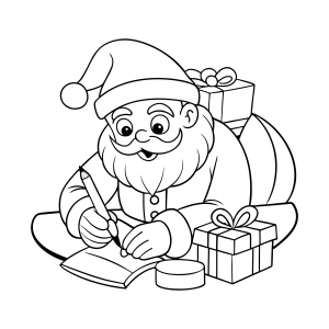 Papai Noel lendo cartas sentado no chão com presentes para colorir