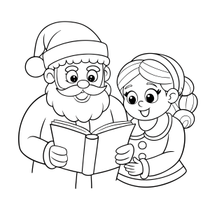 Papai Noel lendo cartinha com uma menina para colorir