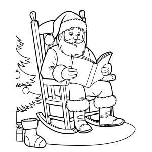 Papai Noel na cadeira de balanço ao lado da árvore para colorir