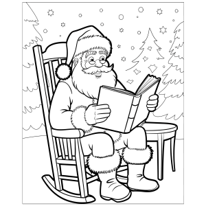 Papai Noel na cadeira de balanço lendo cartas na neve para colorir