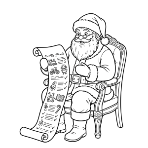 Papai Noel na cadeira lendo a lista de bons meninos para colorir