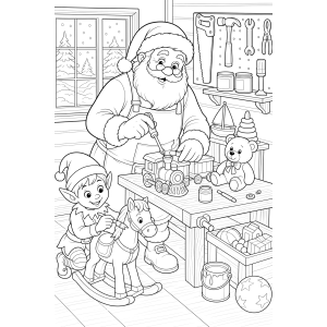 Papai Noel na oficina com os brinquedos para colorir