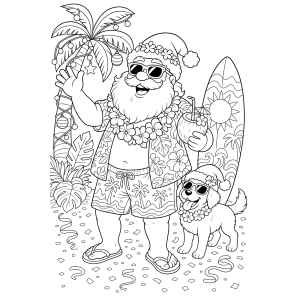 Papai Noel na praia com o cachorrinho para colorir