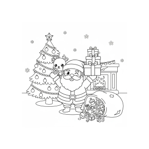 Papai Noel na sala com a árvore e os presentes para colorir