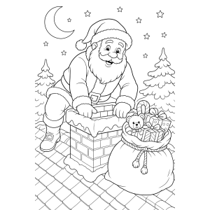Papai Noel no telhado com o saco de presentes para colorir