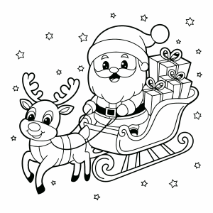 Papai Noel no trenó com rena e saco de presentes para colorir
