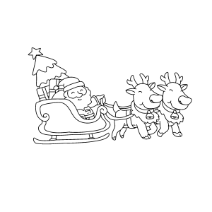 Papai Noel no trenó com renas e presentes para colorir